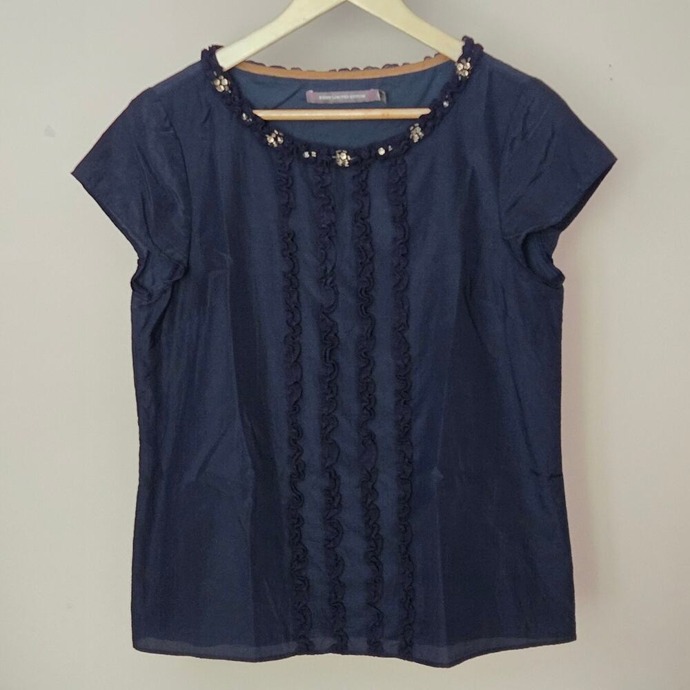 BODEN Limited Edition Blue Silk Cap Sleeve Blouse w/ Embellished Neckline Size 8